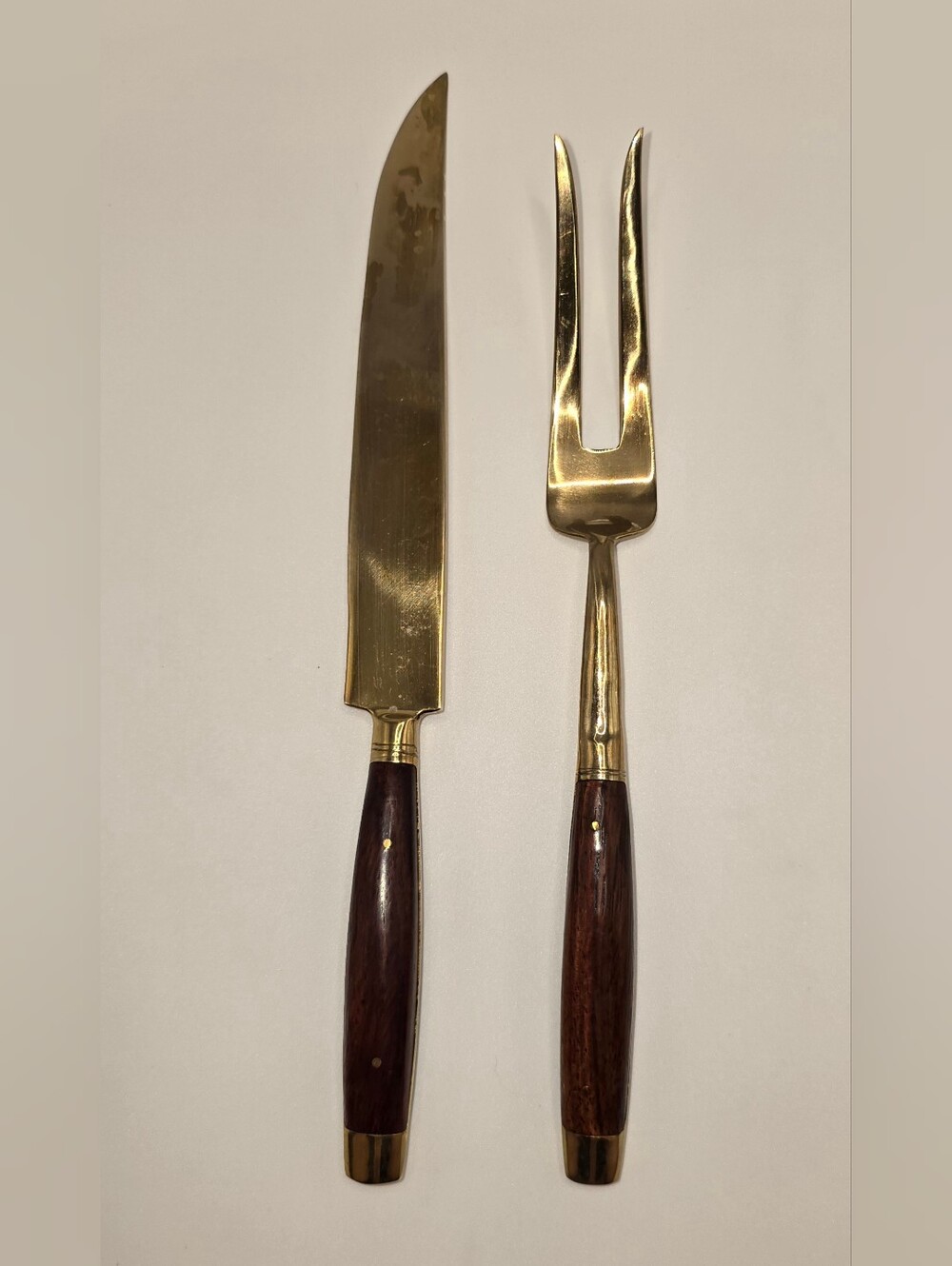 Mid-century Carving Knife & Fork Set Brass/Bronze Alloy with Teak Wood Handle